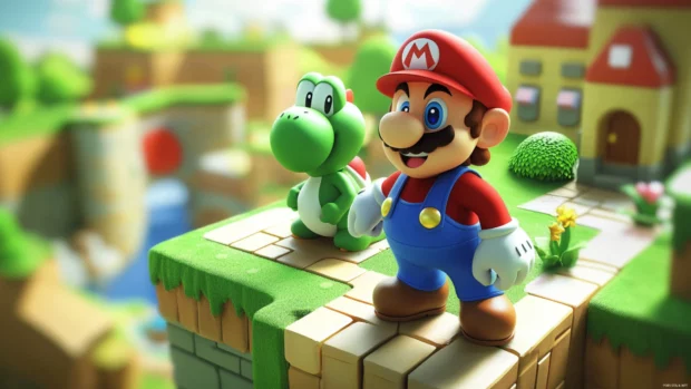 A cute Super Mario World Wallpaper featuring Mario and Yoshi at the start gate of the map.