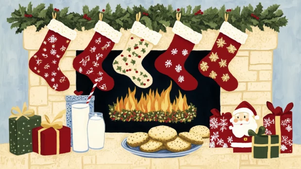 A cute, cartoonish depiction of a fireplace adorned with stockings, presents piled up, and a plate of cookies and milk waiting for Santa.