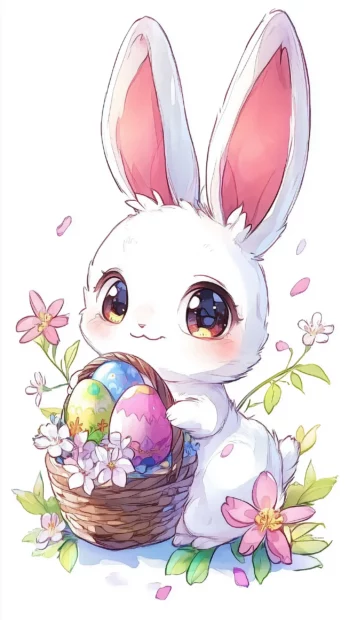 A cute chibi bunny holding a basket of colorful eggs, with flowers blooming around and a cheerful expression.