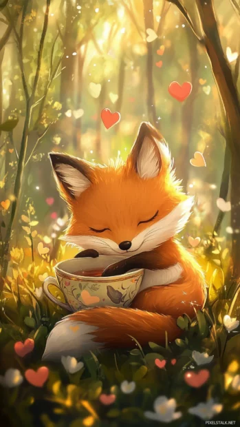 A cute chibi fox curled up in a teacup, with little hearts floating around, in a whimsical forest setting.