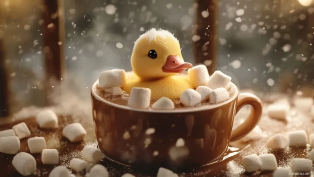 A cute duck floats peacefully in a mug of hot cocoa surrounded by marshmallows.