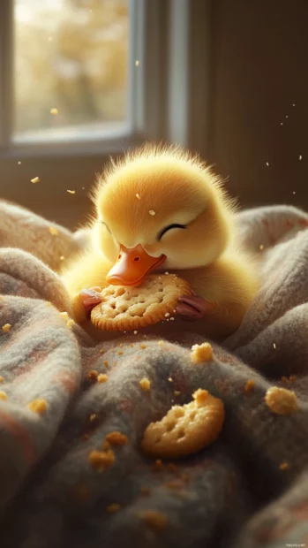 A cute duck nibbles on a cookie as crumbs scatter across a cozy blanket.
