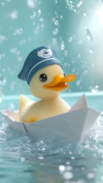 A cute duck wearing a sailor hat navigates a toy paper boat in the bathtub.