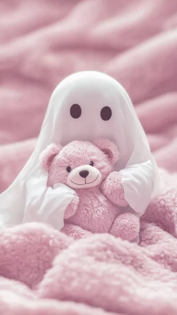 A cute ghost on a pink blanket holding a plush bear featured in this Pink Ghost Wallpapers design.