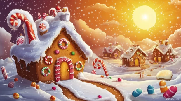 A cute gingerbread house with candy, in a snowy landscape with a shining sun.