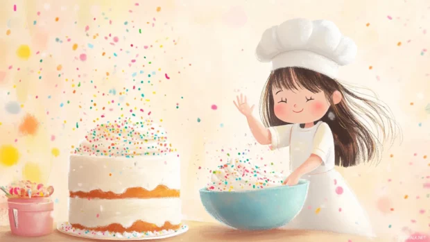 A cute girl with a chef hat and a mixing bowl, baking a giant cake with colorful frosting and sprinkles, children book illustration style.