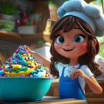 A cute girl with a chef hat and a mixing bowl, baking a giant cake with colorful frosting and sprinkles, children book illustration style.