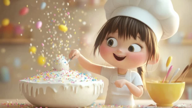 A cute girl with a chef hat and a mixing bowl, baking a giant cake with colorful frosting and sprinkles, children book illustration style.