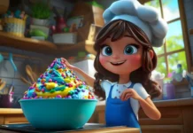 A cute girl with a chef hat and a mixing bowl, baking a giant cake with colorful frosting and sprinkles, children book illustration style.
