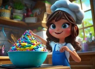 A cute girl with a chef hat and a mixing bowl, baking a giant cake with colorful frosting and sprinkles, children book illustration style.
