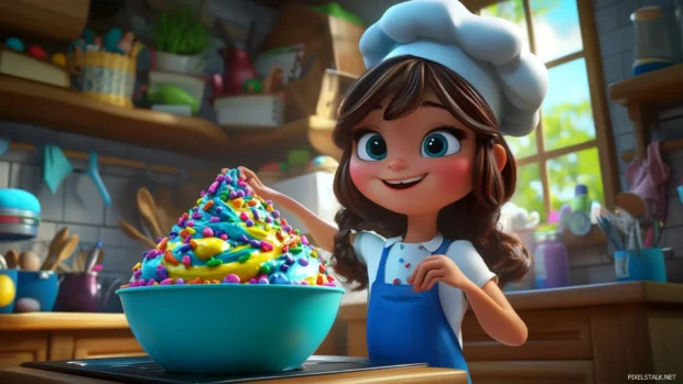 A cute girl with a chef hat and a mixing bowl, baking a giant cake with colorful frosting and sprinkles, children book illustration style.