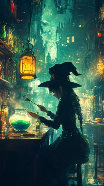 A cute girl with a chef hat and a whisk, creating a magical potion in a kitchen filled with bubbling cauldrons, fantasy illustration style.