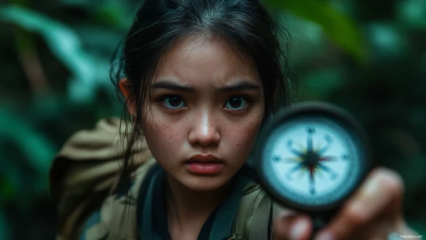 A cute girl with a curious expression and a compass, navigating through a forest with a sense of adventure.