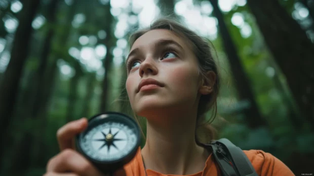 A cute girl with a curious expression and a compass, navigating through a forest with a sense of adventure.