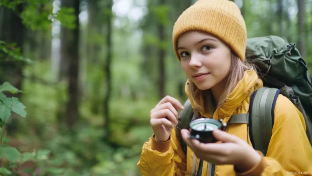 A cute girl with a curious expression and a compass, navigating through a forest with a sense of adventure.