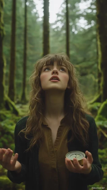 A cute girl with a curious expression and a compass, navigating through a forest with tall trees and mossy rocks.