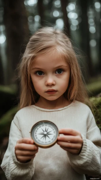 A cute girl with a curious expression and a compass, navigating through a forest with tall trees and mossy rocks.