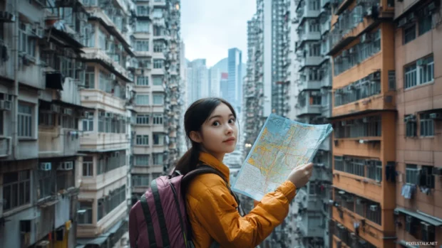 A cute girl with a curious expression and a map, exploring a city with tall buildings, busy streets, and hidden alleyways.