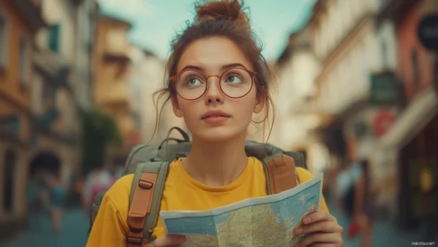 A cute girl with a curious expression and a map, exploring a city with tall buildings, busy streets, and hidden alleyways.