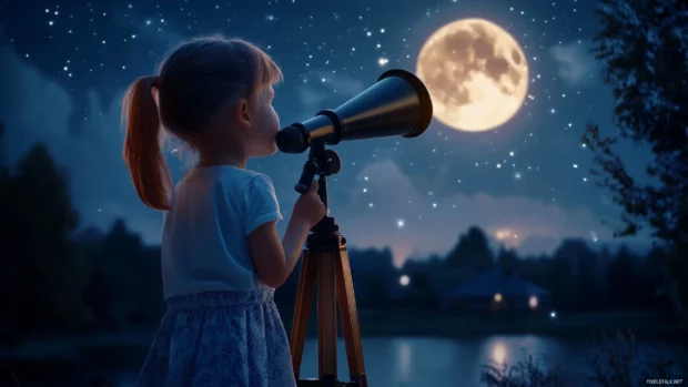 A cute girl with a curious expression and a telescope, stargazing at a clear night sky with a full moon and twinkling stars.