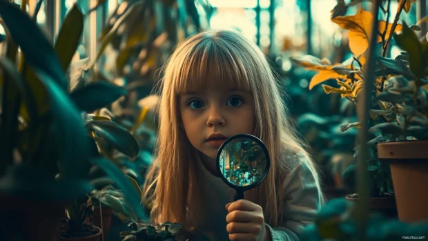 A cute girl with a curious gaze and a magnifying glass, exploring a garden filled with exotic plants and insects.