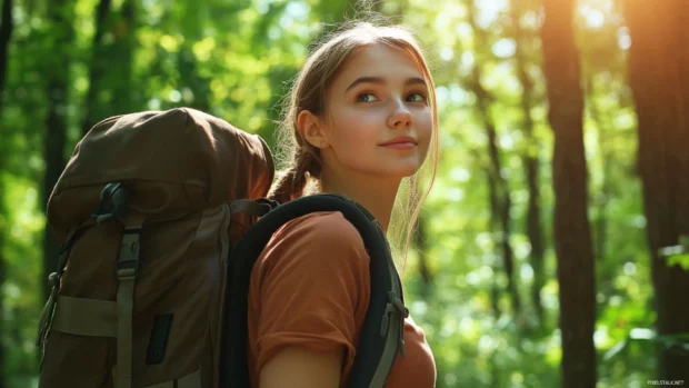 A cute girl with a determined expression and a backpack, hiking through a forest with tall trees and sunlight filtering through the leaves.