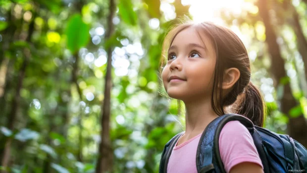 A cute girl with a determined expression and a backpack, hiking through a forest with tall trees and sunlight filtering through the leaves.