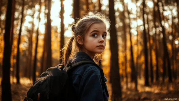 A cute girl with a determined expression and a backpack, hiking through a forest with tall trees and sunlight filtering through the leaves.