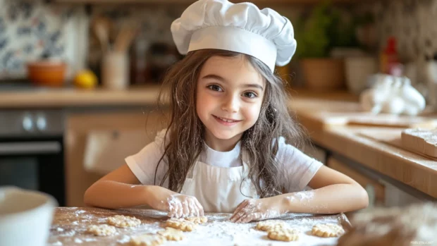 A cute girl with a determined expression and a chef hat, baking cookies in a kitchen with a warm oven and sweet smells.