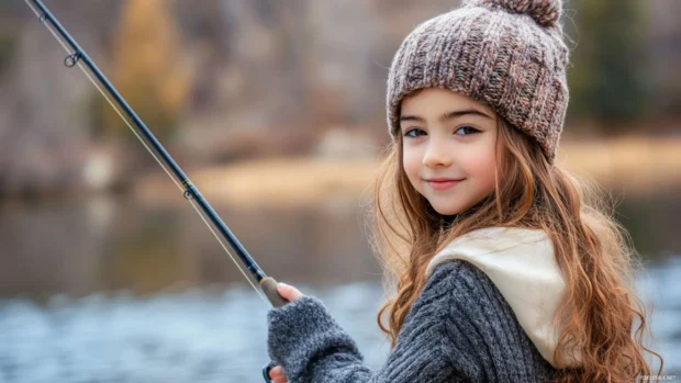 A cute girl with a determined expression and a fishing rod, fishing in a lake with a peaceful atmosphere and a gentle breeze.