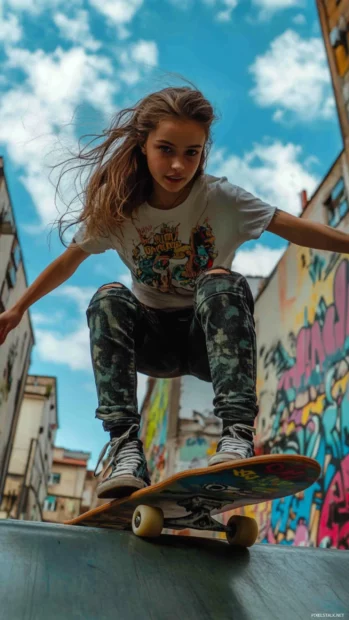 A cute girl with a determined expression and a skateboard, practicing tricks on a ramp with graffiti art in the background.