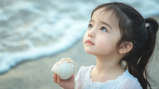 A cute girl with a dreamy expression and a seashell, listening to the ocean waves and imagining faraway lands.