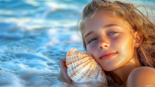 A cute girl with a dreamy expression and a seashell, listening to the ocean waves and imagining faraway lands.