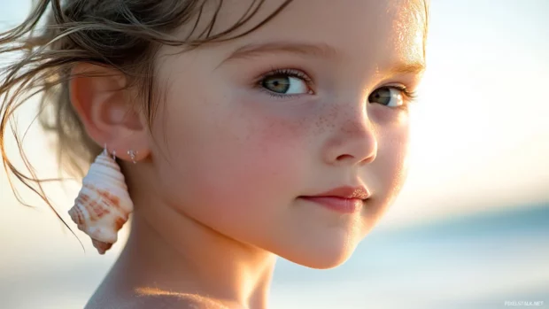 A cute girl with a dreamy expression and a seashell, listening to the ocean waves and imagining faraway lands.