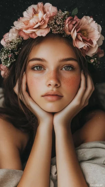 A cute girl with a dreamy gaze and a flower crown, lying on a blanket under a starry night sky.