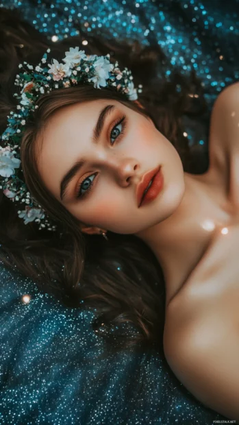 A cute girl with a dreamy gaze and a flower crown, lying on a blanket under a starry night sky.