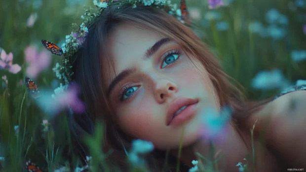 A cute girl with a dreamy look and a flower crown, lying on a grassy meadow surrounded by butterflies.