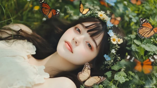 A cute girl with a dreamy look and a flower crown, lying on a grassy meadow surrounded by butterflies.