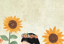 A cute girl with a flower crown and a watering can, tending to a garden of giant sunflowers, children book illustration style.