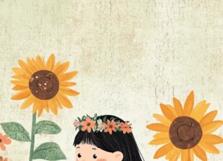 A cute girl with a flower crown and a watering can, tending to a garden of giant sunflowers, children book illustration style.