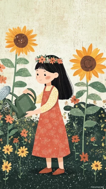 A cute girl with a flower crown and a watering can, tending to a garden of giant sunflowers, children book illustration style.