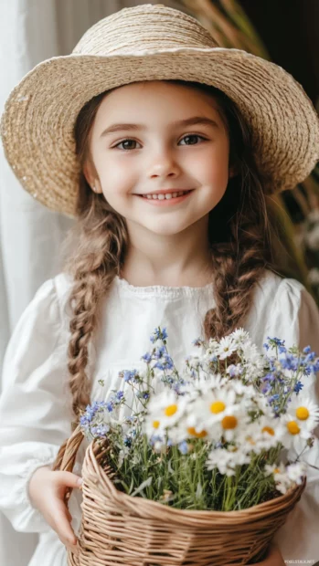 A cute girl with a gentle smile, wearing a straw hat and holding a basket of wildflowers.