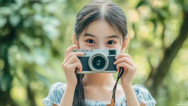 A cute girl with a happy expression and a camera, capturing moments of joy and beauty in her surroundings.