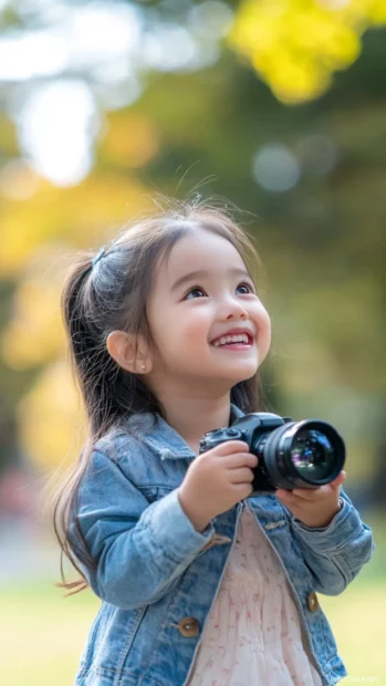 A cute girl with a happy expression and a camera, taking photos of her friends playing in a park.