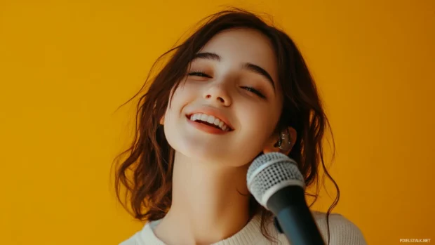 A cute girl with a happy expression and a microphone, singing her favorite song with passion and enthusiasm.