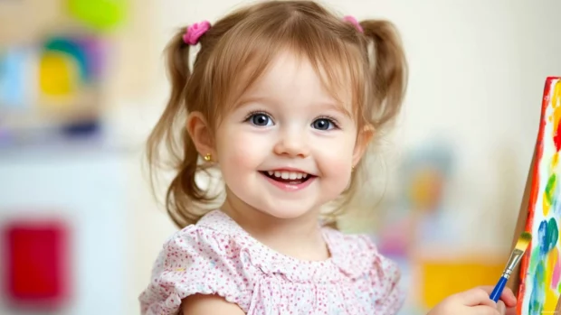 A cute girl with a happy expression and a paintbrush, creating a colorful painting on an easel in a sunny studio.