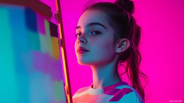 A cute girl with a happy expression and a paintbrush, creating a colorful painting on an easel in a sunny studio.