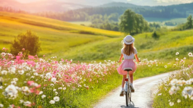 A cute girl with a joyful expression and a bicycle, riding through a countryside road with fields of flowers and rolling hills.