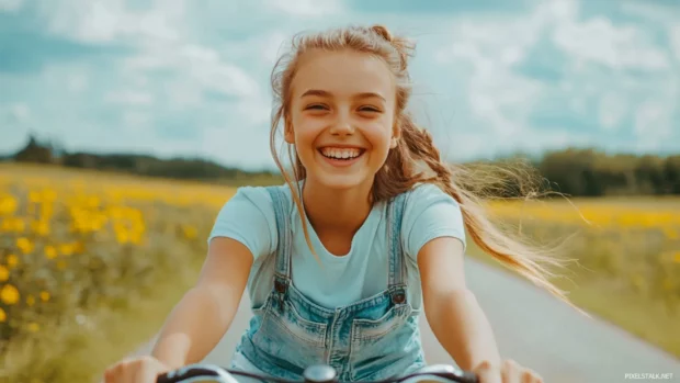 A cute girl with a joyful expression and a bicycle, riding through a countryside road with fields of flowers and rolling hills.