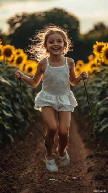 A cute girl with a joyful expression and a jump rope, skipping through a field of sunflowers.